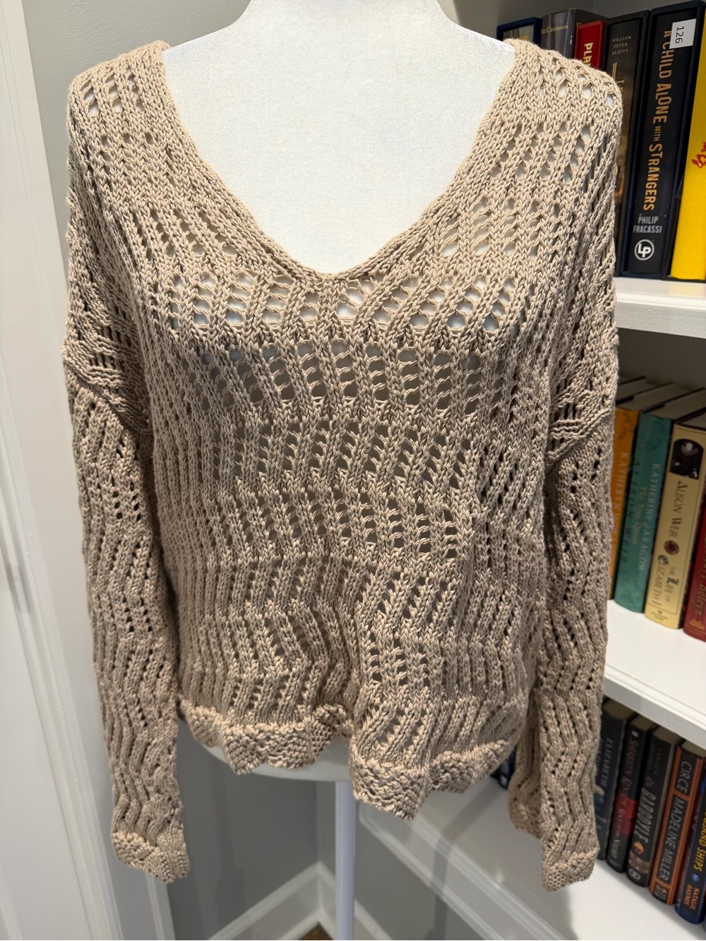 American Eagle Outfitters Open-Knit V-Neck Sweater - Beige